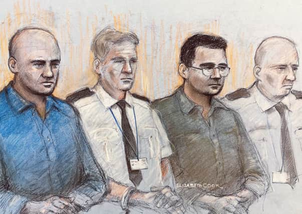 A court sketch including Eamonn Harrison (right) who is on trial at the Old Bailey over the deaths of 39 migrants