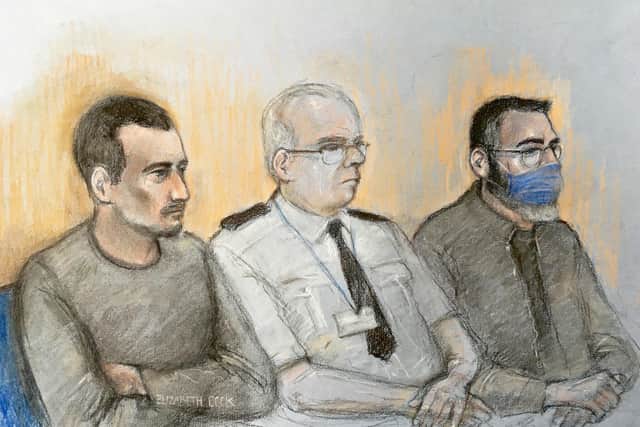 Court artist sketch of Christopher Kennedy (left) and Valentin Calota (right)
