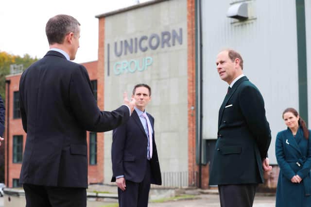The Earl of Wessex is pictured with Roger Pannell, CEO of Unicorn Group and staff members during his visit