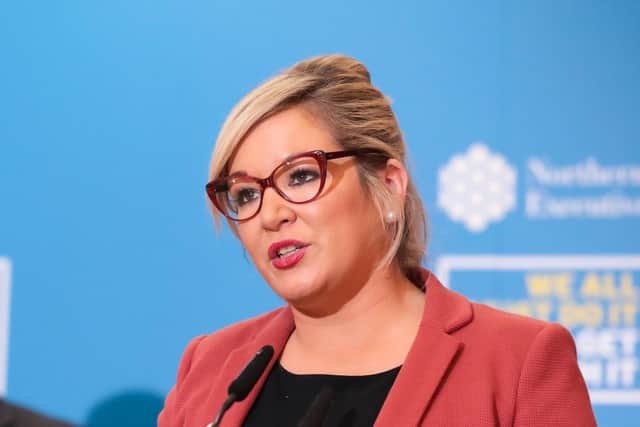 Deputy First Minister Michelle O'Neill during a press conference in Parliament Building, Stormont, to discuss the latest coronavirus situation.