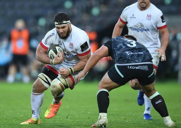 Marcell Coetzee of Ulster is tackled by Tom Botha of Ospreys during the Guinness PRO14 match at Liberty Stadium in Swansea, Wales. Photo by Ben Evans/Dicksondigital/Sportsfile.