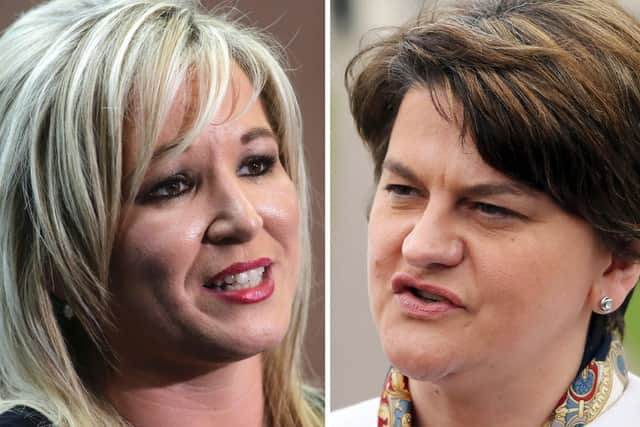Michelle O'Neill and Arlene Foster were speaking at a press brieing today.  (Photo credit should read PAUL MCERLANE,PAUL FAITH/AFP via Getty Images)