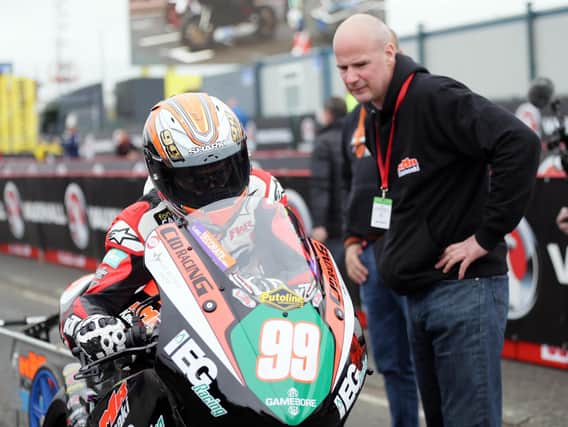 KMR Kawasaki team owner Ryan Farquhar with Jeremy McWilliams at the North West 200 in 2018.