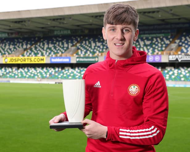 Portadown's Paddy McNally with the NI Football Awards Bluefin Sport Championship Player of the Year trophy.