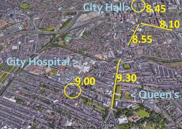 The locations and times of the attacks; the PSNI was not precise about some of the locations, giving only road names, and as such these are mapped out as lines