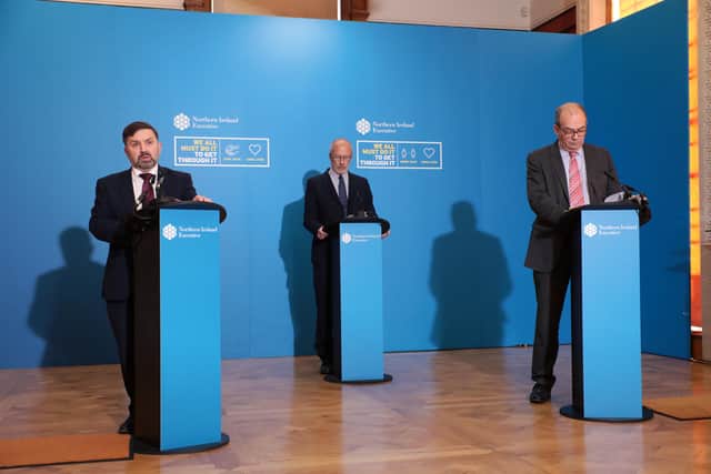 Health Minister Robin Swann (left), Chief Scientific Advisor Professor Ian Young (centre) and Chief Medical Officer Dr Michael McBride during a press conference in Parliament Buildings, Stormont, on the latest coronavirus situation. (Photo: PA Wire)