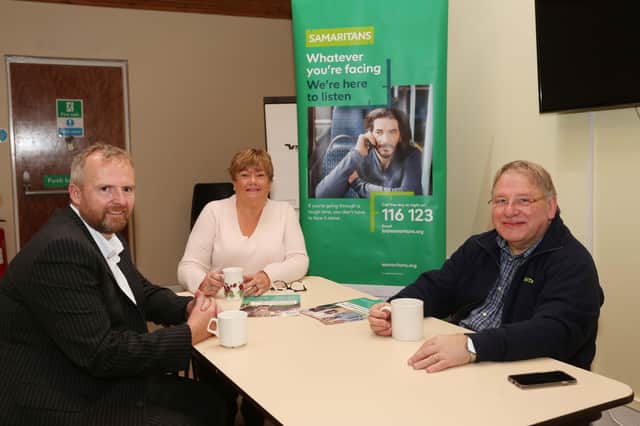 Damian Wilson, Managing Director Click Energy pictured with Brendan, Samaritans Branch Director (Londonderry) and Alice, Branch volunteer
