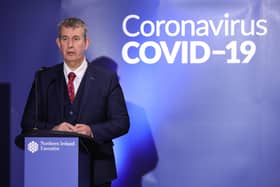 Agriculture Minister Edwin Poots during a Coronavirus media briefing at Parliament Buildings, Stormont, Belfast.
