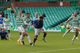 Connor Goldson heads home his first goal against Celtic