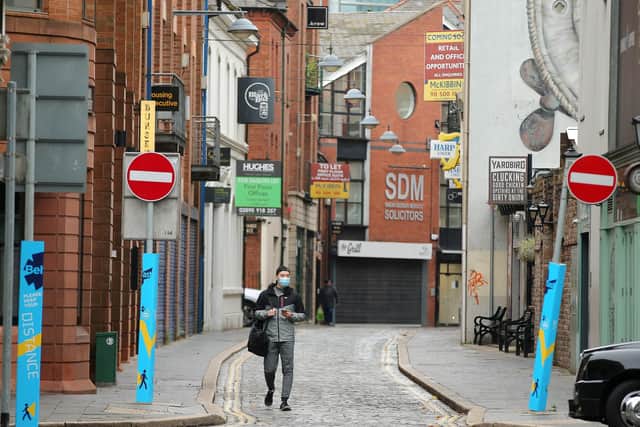 Northern Ireland begins four weeks of lockdown to try and stop the rise in number of COVID-19 cases.  Hospitality and other businesses are closed for a number of weeks.

General view of Hill Street in Belfast City Centre. 

Picture: Jonathan Porter/PressEye