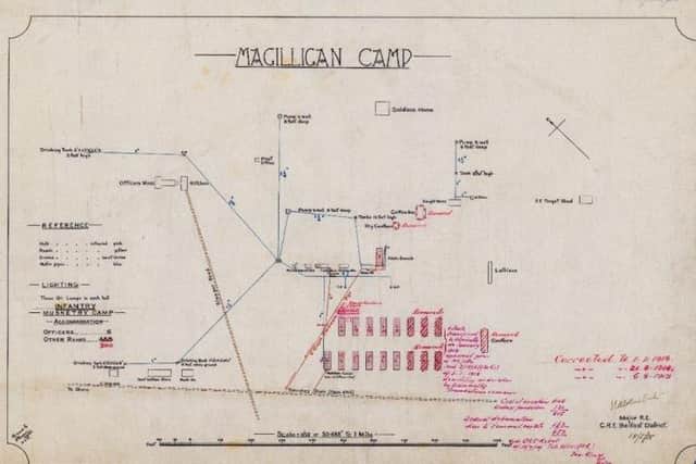 Royal Engineers plan of Magilligan Musketry Camp, 1915, Lower Doaghs, Magilligan, Co Londonderry. Red ink indicates the 1918 relegation to of the camp (IE/MA/MPD/AD119287-005. www.militaryarchives.ie