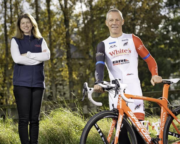 Endurance cyclist Joe Barr with Danielle McBride, brand manager at his sponsor White’s Oats