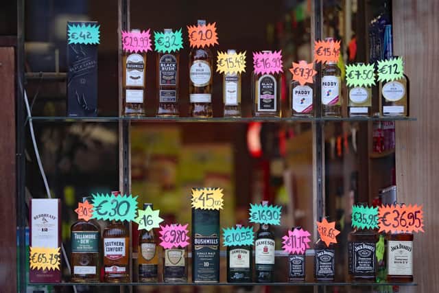 Alcohol for sale in the window of an off-licence in Dublin. From Wednesday all pubs in the Republic will be closed except for takeaways and deliveries