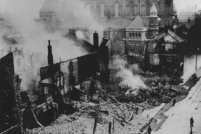 The damage around St Anne's Cathedral in the northern end of Belfast city centre after a German bombing raid in 1941