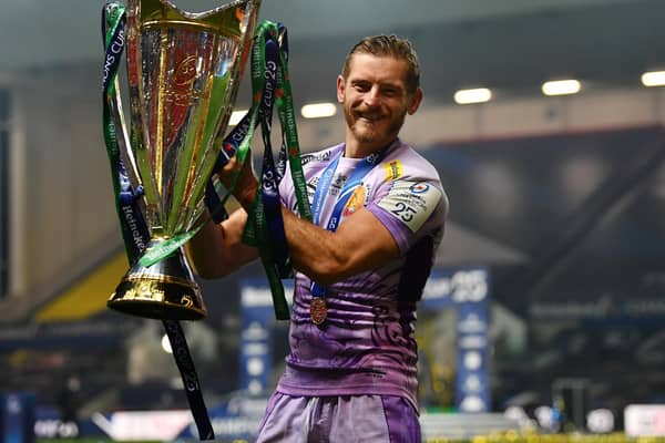 Gareth Steenson of Exeter Chiefs poses with the trophy following his side's victory in the Heineken Champions Cup Final against Racing 92 at Ashton Gate on October 17, 2020 in Bristol. (Photo by Dan Mullan/Getty Images).