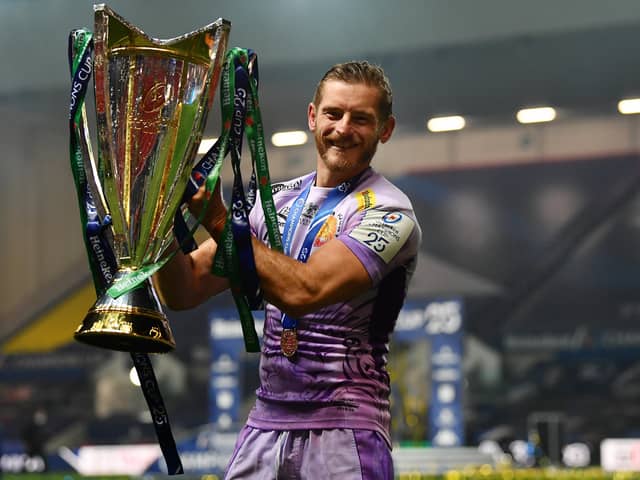 Gareth Steenson of Exeter Chiefs poses with the trophy following his side's victory in the Heineken Champions Cup Final against Racing 92 at Ashton Gate on October 17, 2020 in Bristol. (Photo by Dan Mullan/Getty Images).