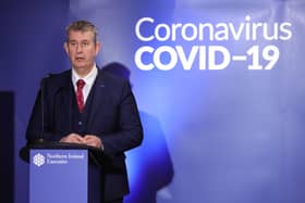 Agriculture Minister Edwin Poots during a Coronavirus media briefing at Parliament Buildings, Stormont, Belfast.