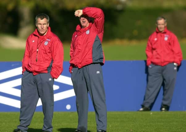 England caretaker manager Peter Taylor with Steve McClaren watched by Tord Grip during a training session at Bisham Abbey, London, in 2000.