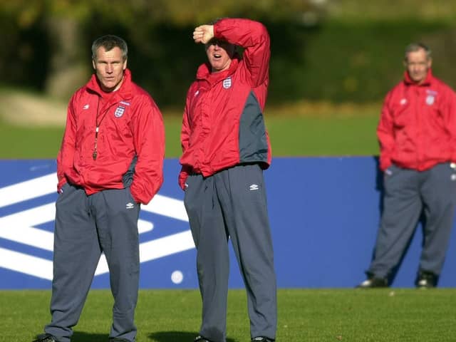England caretaker manager Peter Taylor with Steve McClaren watched by Tord Grip during a training session at Bisham Abbey, London, in 2000.