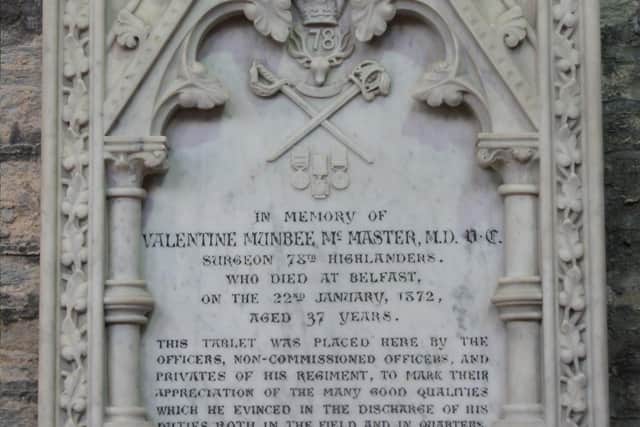 Surgeon McMaster's Memorial Tablet at St Columbs Cathedral in Londonderry.