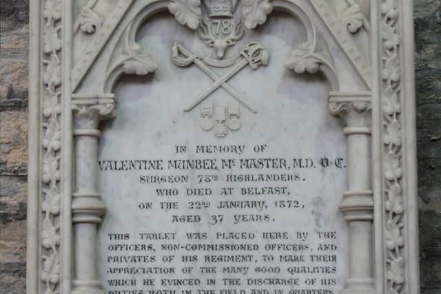 Surgeon McMaster's Memorial Tablet at St Columbs Cathedral in Londonderry.