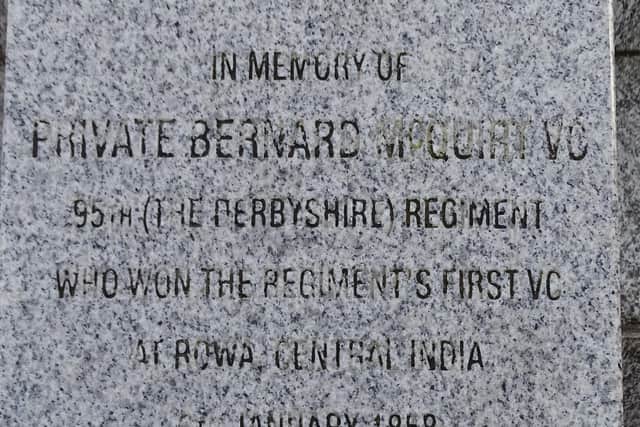 Private Bernard McQuirt's Memorial Plaque on Donaghcloney's War Memorial.