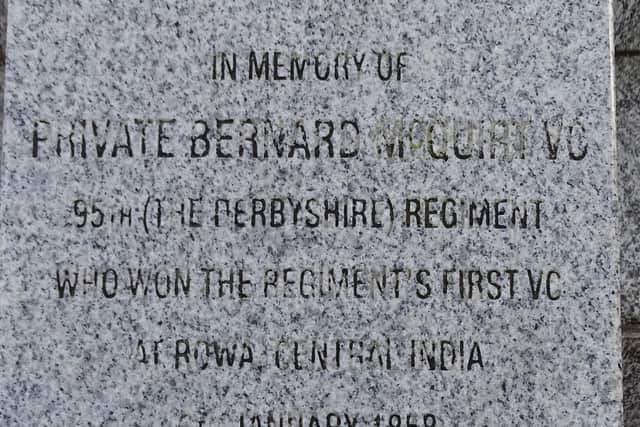 Private Bernard McQuirt's Memorial Plaque on  Donaghcloney's War Memorial.