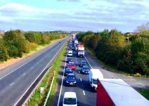 Image looking north from a video taken by Cormac Cambell of the BBC on the Lower Newtown Road bridge over the A1, just on the NI side of the border