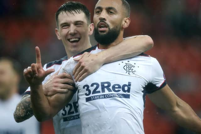 Rangers' Kemar Roofe celebrates his goal against Standard Liege. Pic by AP Photo/Francisco Seco.