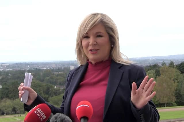Deputy First Minister Michelle O'Neill speaking outside Parliament Buildings in Belfast.