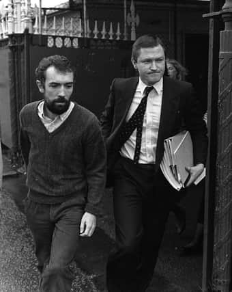 PACEMAKER: 01-04-98 - Patrick McGeown walks free from Crumlin Road Court with his solicitor Pat Finucane; McGeown was accused of the murder of two British soldiers at an IRA funeral