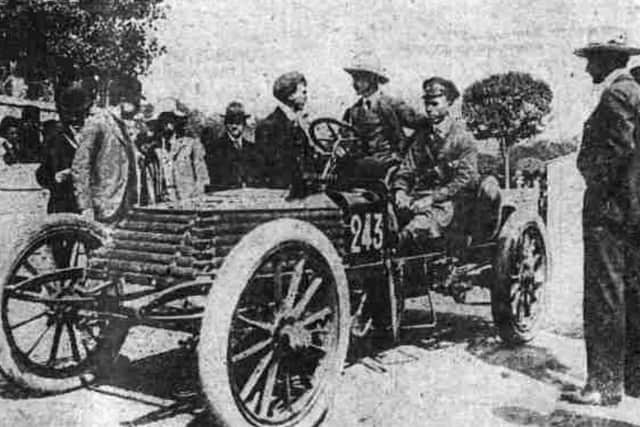 Leslie Porter at the wheel and William Nixon in 50 H.P Wolseley, Paris Madrid Race. 1903