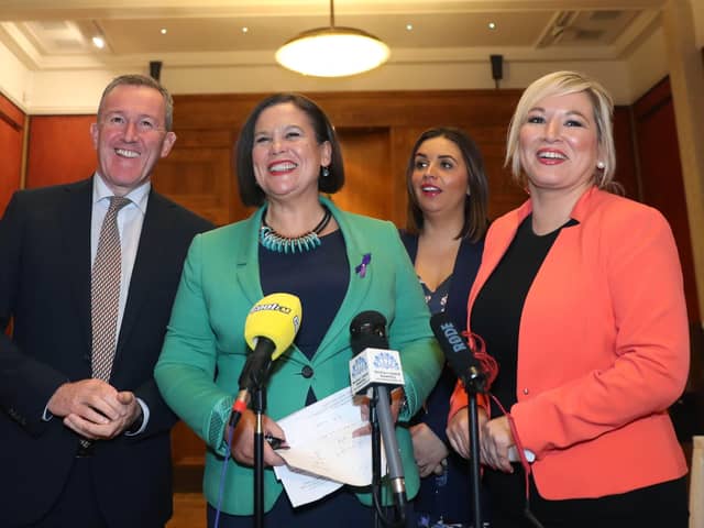Elisha McCallion, second from right, with SF leaders Conor Murphy, Mary Lou McDonald and Michelle O’Neill at Stormont in 2018