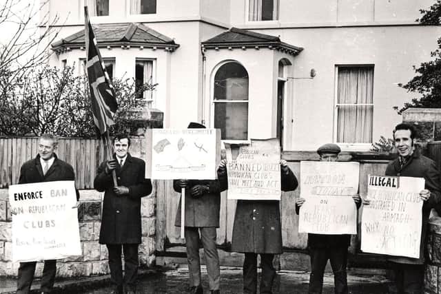 Members of the Donegall Road Defence Committee hold a picket outside the house of the then Minister of Home Affairs, Mr Robert Porter, in Belfast in 1970. The protestors, reported the News Letter, were demonstrating “against the Republican clubs and the refusal of the authorities to enforce the law regarding them”. Picture: News Letter archives