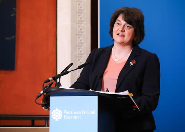 Handout photo of First Minister Arlene Foster at a press conference at Parliament Buildings, Stormont, to discuss the latest coronavirus situation.
