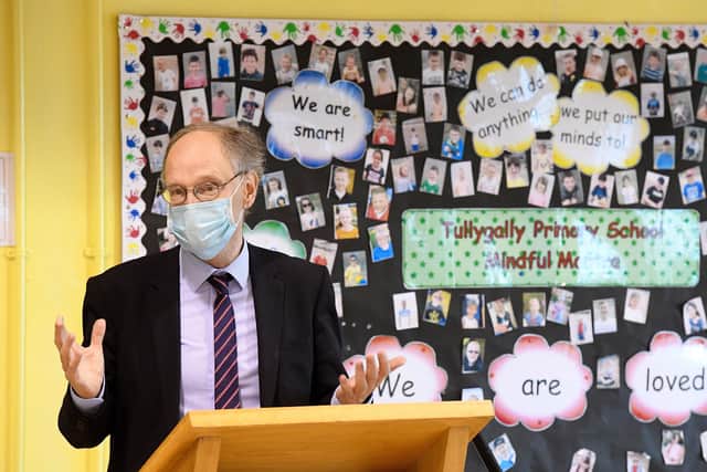 Education Minister Peter Weir during a visit to Tullygally Primary School in Craigavon