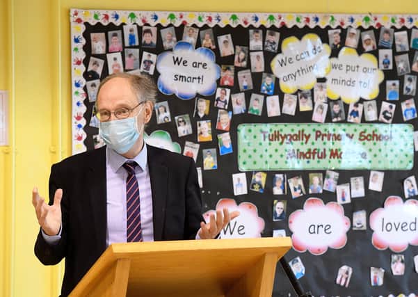 Education Minister Peter Weir during a visit to Tullygally Primary School in Craigavon