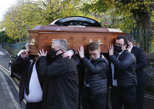 Aaron Doherty's coffin is carried into St. Columba's Church, Long Tower. (Photo: Presseye/Lorcan Doherty)