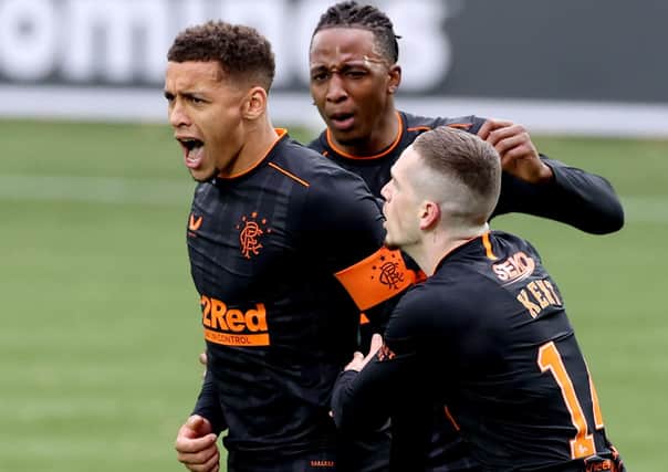 Rangers' James Tavernier (left) celebrates with his team-mates after scoring against Kilmarnock. Pic by PA.