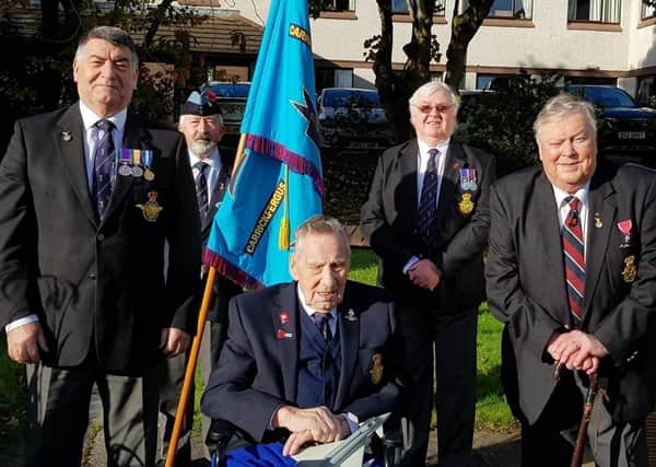 RAF Association colleagues Noel Williams, Joe Corr, Charlie Magill and Kevin McRandle, celebrate with RAF WW11 veteran Billy Boyce.