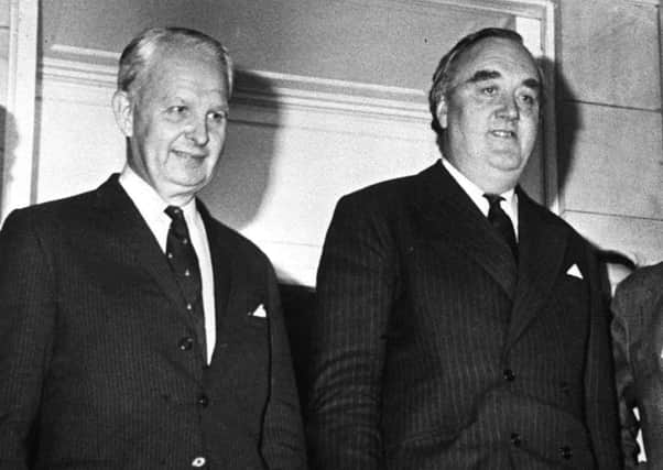 The Ulster Unionist leader Brian Faulkner and the secretary of state for Northern Ireland William Whitelaw in Stormont in November 1973, weeks before the Sunningdale Agreement established power sharing