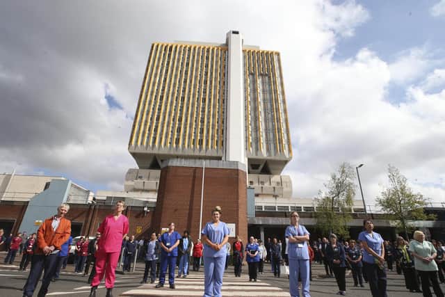 PACEMAKER, BELFAST, 28/4/2020: At the height of the pandemic in NI, staff at the Belfast City Hospital, Belfast, observe the minute's silence in honour healthcare staff who have died during the Coronavirus pandemic.