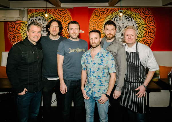Adam Lynas, third from left, with, from left, Stevie Haller, Snow Patrol singer, Gary Lightbody, Joe Goudie, Snow Patrol guitarist, Nathan Connolly, and Andy Rea.