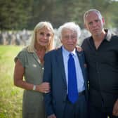 Angela Cohen (Robert Rinder's mother), Leon Rytz (last survivor of Treblinka death camp) and Robert Rinder at Treblinka (former NAZI death camp) in Poland