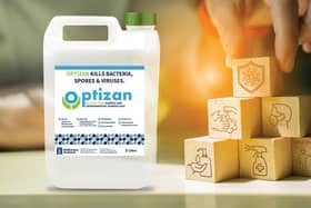 Optizan is a disinfectant and antiseptic based on hypochlorous acid which is made naturally by the white blood cells in mammals and used for healing and protection