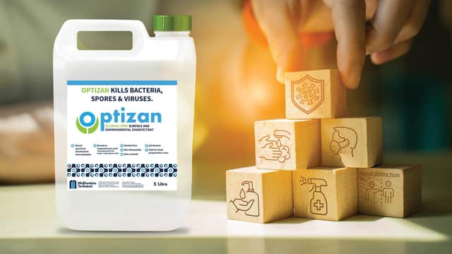 Optizan is a disinfectant and antiseptic based on hypochlorous acid which is made naturally by the white blood cells in mammals and used for healing and protection
