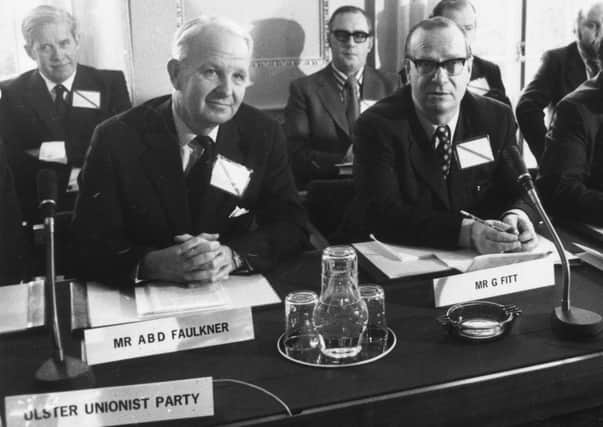 Ulster Unionist leader and designated leader of Stormont's proposed power sharing executive, Brian Faulkner, sits with the SDLP's Gerry Fitt, proposed deputy leader, at talks at Sunningdale, Berkshire, in December 1973. The new government would be established within weeks, but collapsed months later. Mr Faulkner was much admired by his staff, writes Sinclair Duncan, who was his private secretary