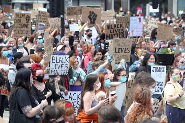 The initial BLM demo in Belfast on June 3; police had sought to avoid a repeat of these scenes on July 6