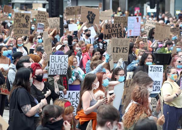 PACEMAKER, BELFAST, 3/6/2020: Thousands of people took part in the Black Lives Matter rally in Belfast city centre in protest about the police killing of George Floyd in Minneapolis, USA. 
PICTURE BY STEPHEN DAVISON