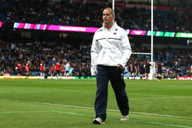 Stuart Lancaster, the England head coach walks off the pitch during the 2015 Rugby World Cup Pool A match between England and Uruguay at Manchester City Stadium on October 10, 2015.  (Photo by David Rogers/Getty Images).